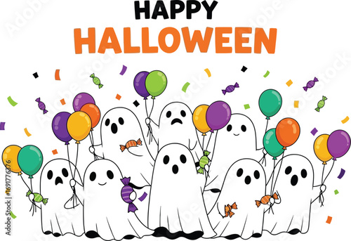 A group of cute ghosts holding balloons and candies, celebrating a happy halloween with playful cheer