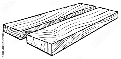 Two planks showing wood grain drawing black and white, lumber for construction