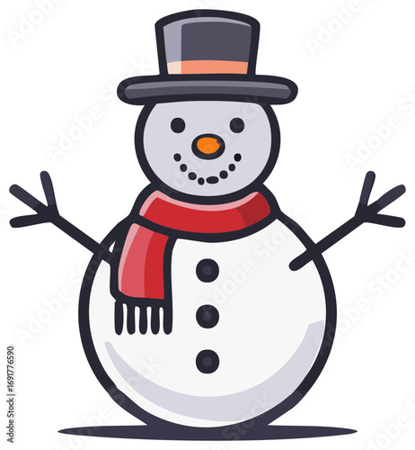 Cartoon snowman with top hat and scarf winter holiday festive illustration