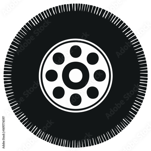 Black stylized tire with a circular rim and multiple holes