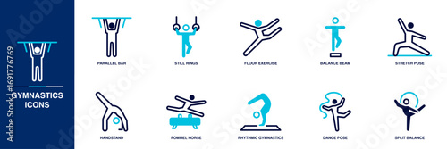 Gymnastics Blue Colored Outline Icon Set