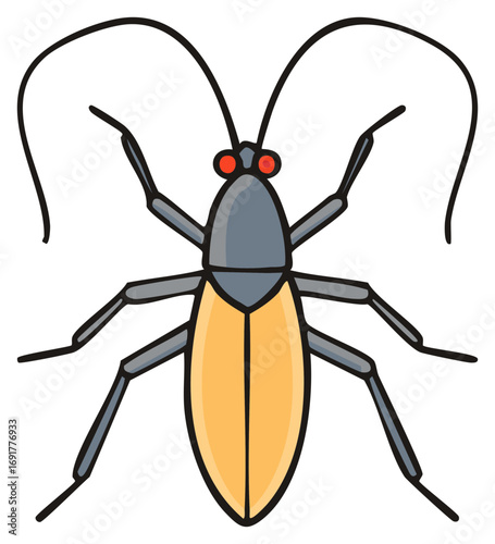 Cartoon illustration of a colorful insect with antennae and legs.
