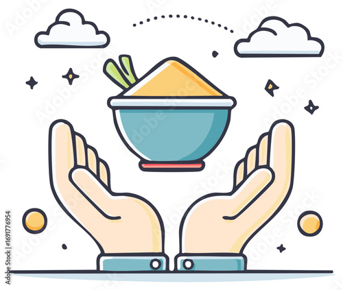 Charity and food donation concept with hands offering a nutritious bowl of food for hunger relief