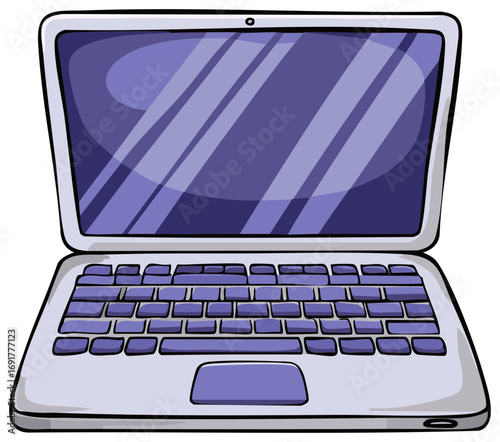 Modern open laptop computer cartoon illustration with purple keyboard and screen