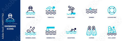 Swimming Blue Colored Outline Icon Set