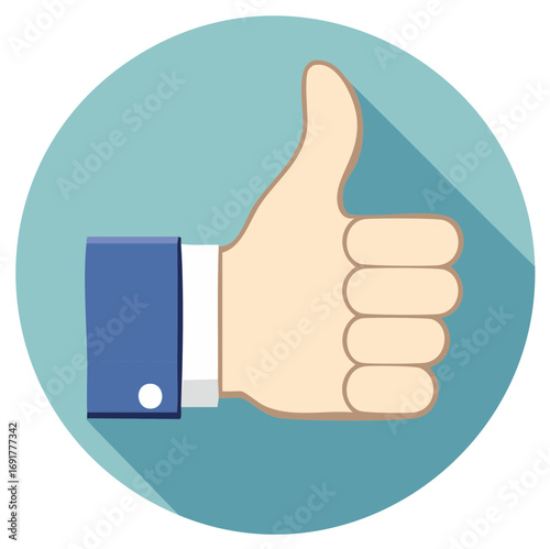 Like Icon Graphic: Thumbs Up Gesture in Flat Style on Blue Round Background for Social Media Approval