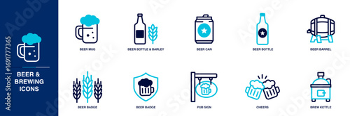 Beer and Brewing Blue Colored Outline Icon Set