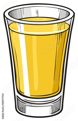 Cartoon illustration of a full shot glass with golden liquor or whiskey