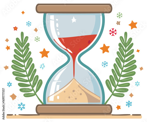 Festive hourglass with red flowing sand surrounded by stars snowflakes and green leaves
