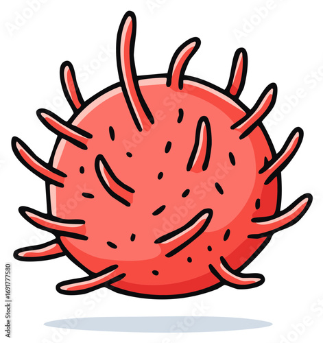 Cartoon Red Virus with Spikes Illustration of a Microbe Infection Danger