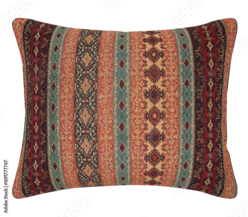 Bohemian decorative throw pillow with multicolor stripes and moroccan geometric pattern for modern home decor and living room accent