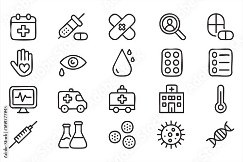 Healthcare and medicine vector illustrations with syringe, DNA, and virus symbols