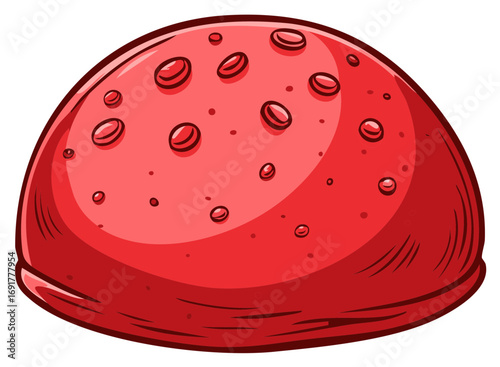 Magnified cartoon illustration of a blood drop showing red blood cells flowing in plasma