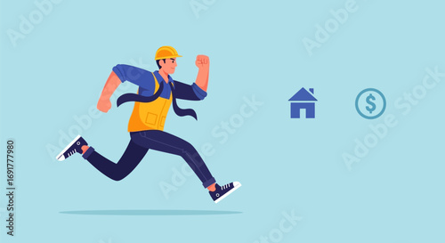Running Construction Worker Chasing Home and Money