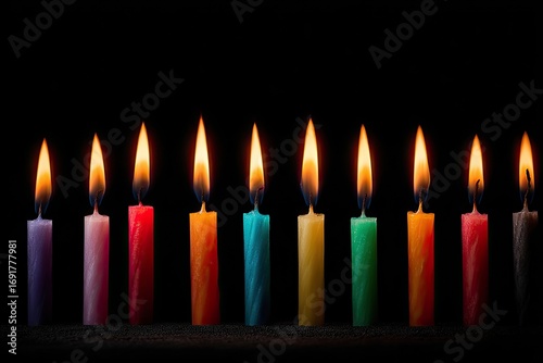 Row of colorful birthday candles, flames alight against black background