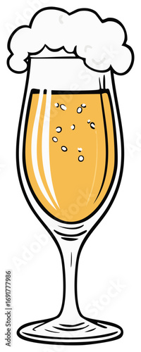 Cartoon illustration of a tall stemmed glass of golden beer with a frothy foam head and bubbles