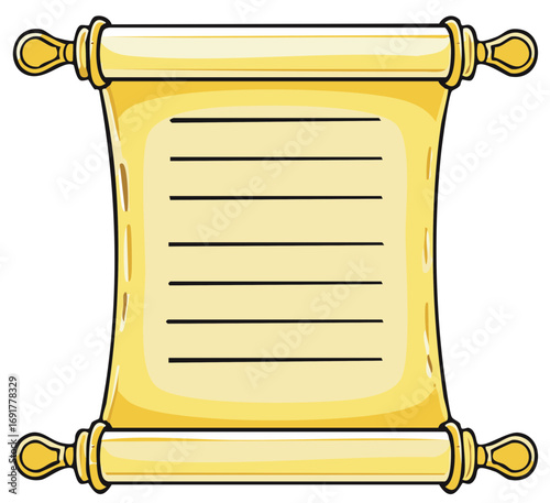 Cartoon drawing of golden parchment scroll with lines, antique document, ancient paper for writing messages or drawing