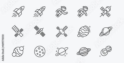 Space themed line art icon set with rockets planets and astronauts