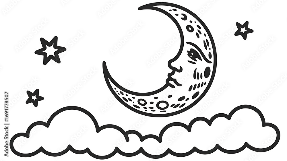 Obraz premium A whimsical line art drawing of a classic crescent man in the moon, accompanied by twinkling stars and fluffy clouds in the night sky