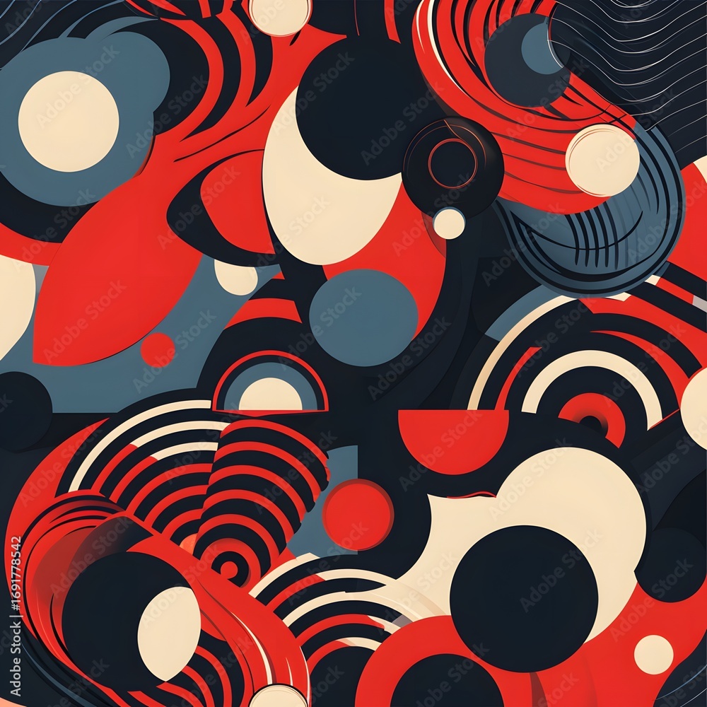 Fototapeta premium Retro abstract red and black circular pattern, bold geometric design with vintage vibes.