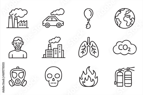 Industrial pollution vector illustrations with gas mask and toxic hazard signs