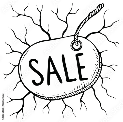Sale tag with branches, sketchy style illustration for promo posters, banners, promotions, offers, special marketing