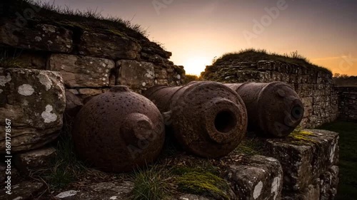 Ancient Rusty Cannonballs Resting Against Moss Covered Stone Wall at Golden Hour Sunset Dramatic