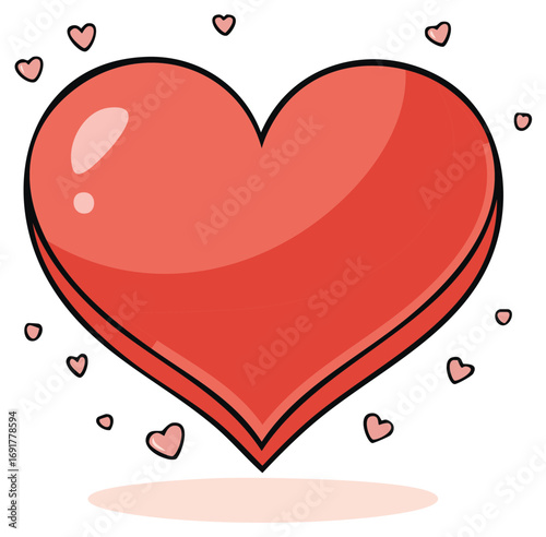 Vibrant red heart illustration surrounded by smaller floating hearts symbolizing love romance and passion