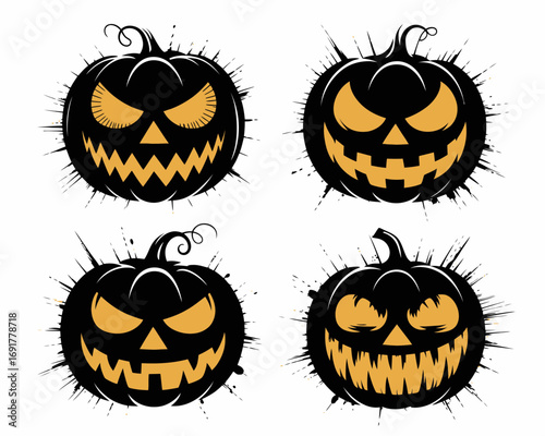 Four spooky black grunge halloween pumpkins with glowing orange eyes and grinning faces silhouette