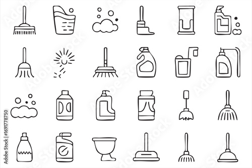 Cleaning tools vector pack with broom, bucket, plunger, and detergent