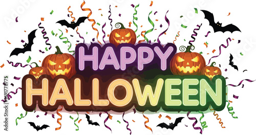 Colorful happy halloween illustration featuring pumpkins, bats, and confetti for a festive and spooky celebration