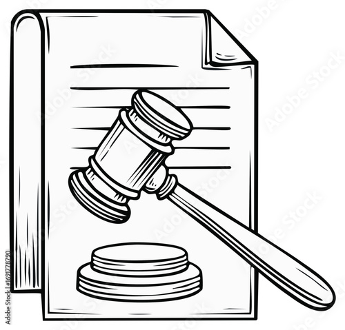 Law justice concept with gavel and legal document sketch illustration for legal proceedings