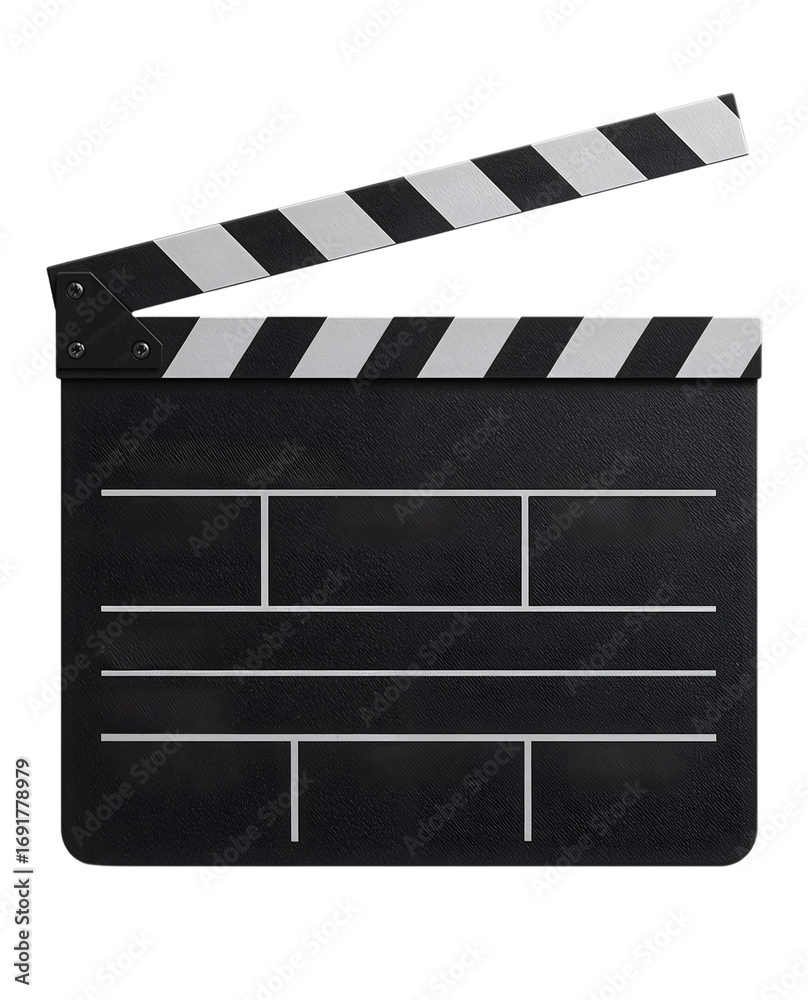 Fototapeta premium Classic black movie clapperboard isolated on the transparent background for film production, cinema, video, editing, director, and studio projects