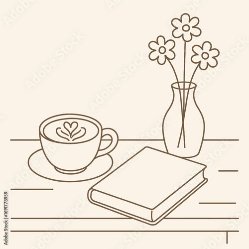 Coffee latte with book and vase of flowers on wooden desk