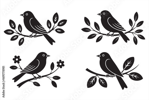 Vector bird icons set with perched birds on branches and floral designs