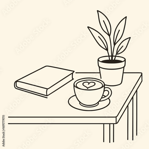 Minimalist outline vector illustration of a coffee latte with a book and plant pot on a wooden table