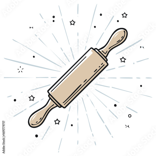 Cartoon rolling pin with starburst effect, vintage style kitchen tool graphic