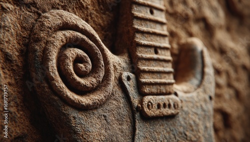 Close-up of a weathered guitar neck embedded in rough, textured earth
