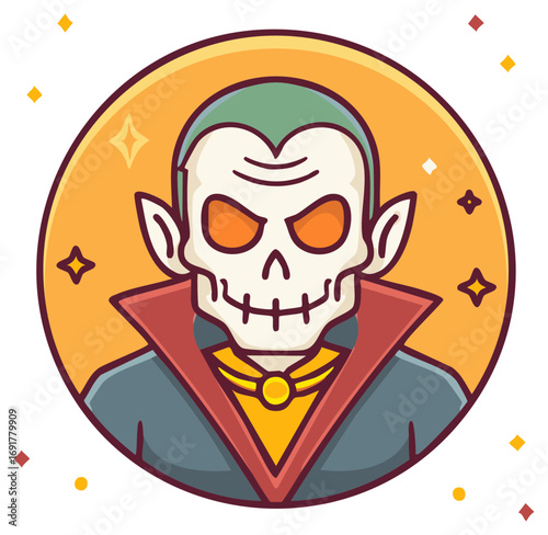 Spooky vampire character with skull face and bat wings icon for Halloween or horror themes
