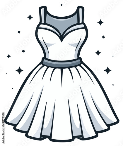White wedding gown illustration with sparkles, elegant vector design
