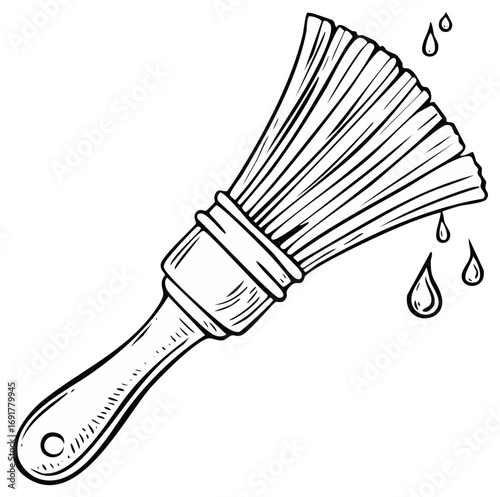Hand drawn outline illustration of a wet paint brush with paint or water drops dripping