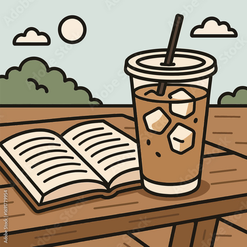 Iced coffee with novel on outdoor wooden table
