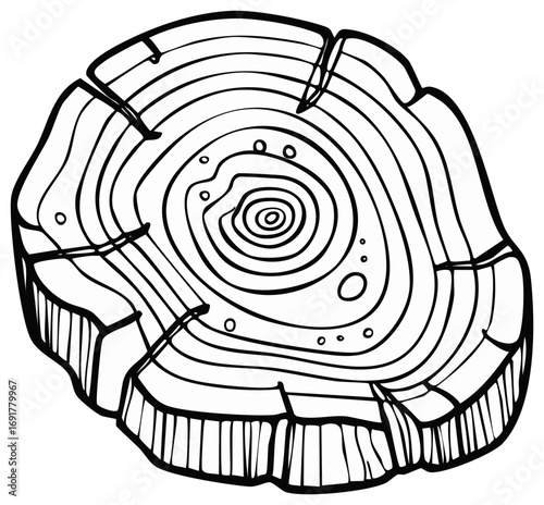 Detailed outline drawing of a tree stump with visible growth rings and cracks