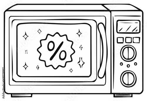 Hand drawn microwave oven with percentage discount symbol for kitchen appliance sale