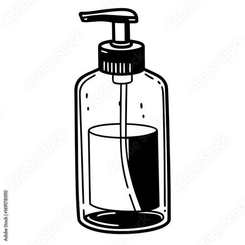 Black and White Illustration of a Pump Dispenser Bottle with Liquid on White Keywords: hand sanitizer