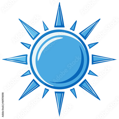 Stylized blue sun illustration with sharp rays shining brightly against a white background