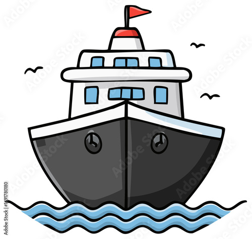Cartoon Ferry Boat Sailing on Water with Seagulls Overhead