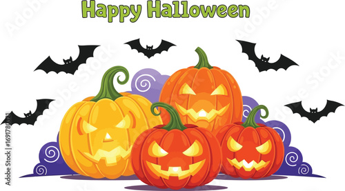 A vibrant halloween scene with grinning pumpkins and bats, creating a spooky yet cheerful atmosphere for the holiday season