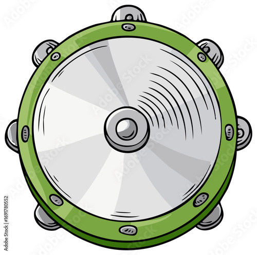 Handheld musical instrument with bright green frame and silver jingles on a white background