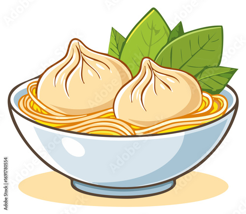 Asian noodle soup with steamed dumplings and greens cartoon vector graphic